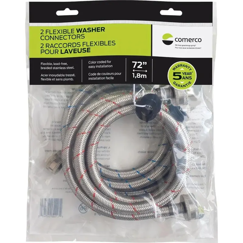 Comerco 6-Foot Flexible Washer Hoses – Dual Straight Connectors, Lead-Free 1