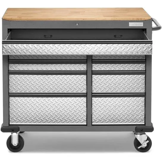 Gladiator Premier Mobile Tool Workbench – 41 In, 9-Drawer, Solid Wood Top, Black (Gamt41Hwjg) 1