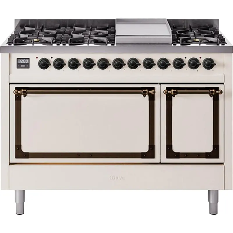 Ilve Un48Fqnmpawb 48-Inch Freestanding Dual Fuel Range — Griddle, Solid Door, Brushed Brass White Panel 1