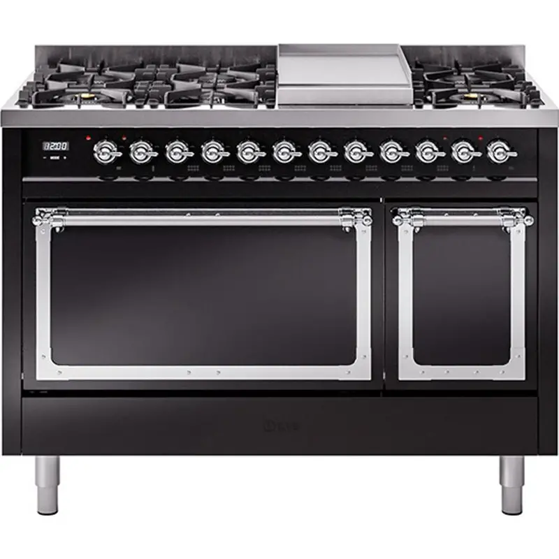 Ilve Un48Fqnmpbkc 48" Freestanding Dual Fuel Range – Griddle Edition With Chrome-Finished Solid Door 1