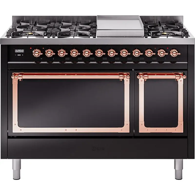 Ilve Un48Fqnmpbkp 48" Freestanding Dual Fuel Range – Griddle + Precision Knob Interface & Solid Door 1
