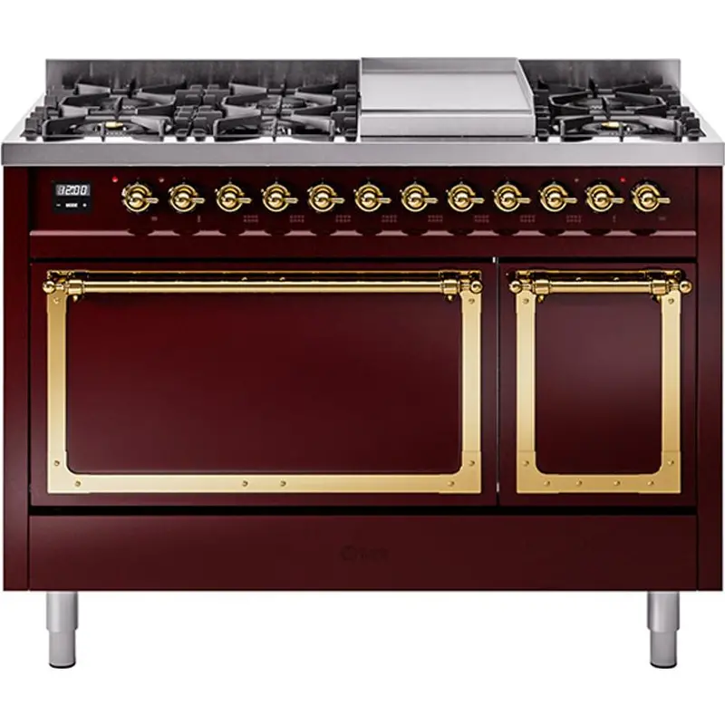 Ilve Un48Fqnmpbug 48" Freestanding Dual Fuel Range – Griddle + Brushed Finish Solid Door 1
