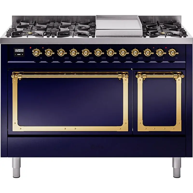 Ilve Un48Fqnmpmbglp 48" Freestanding Dual Fuel Range With Built-In Griddle & Solid Door 1