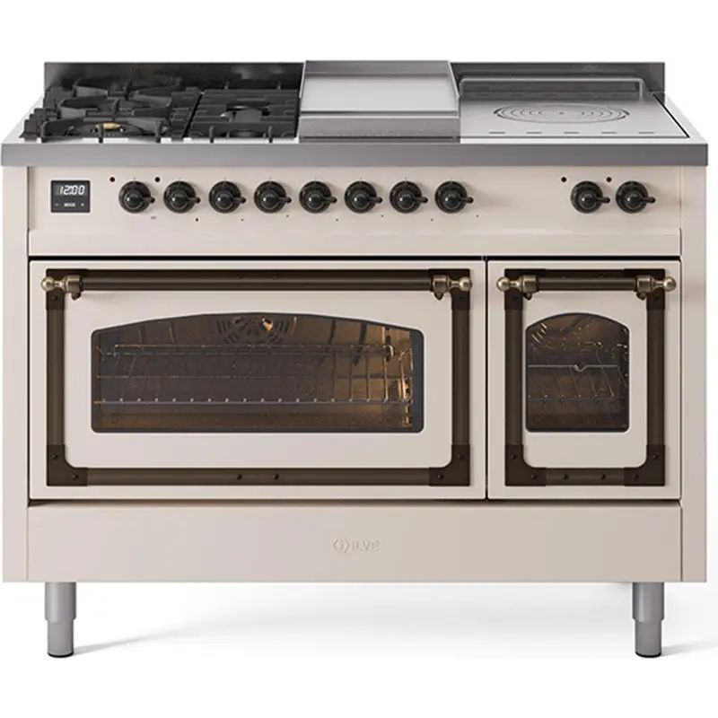 Ilve Un48Fsnmpawb 48" Freestanding Dual Fuel Range With Balanced Griddle & French Top Layout 1