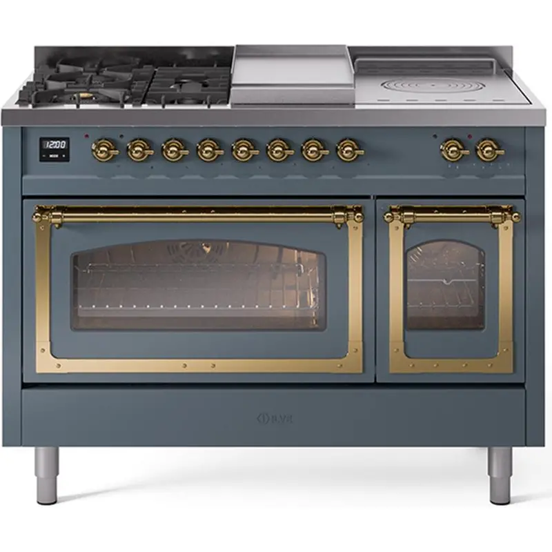 Ilve Un48Fsnmpbgglp 48" Freestanding Dual Fuel Range With Griddle, French Top & Lp Option 1
