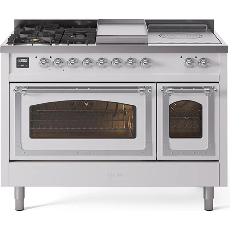 Ilve Un48Fsnmpwhc 48-Inch Freestanding Dual Fuel Range With Griddle, French Top & Chrome-Finished Doors 1