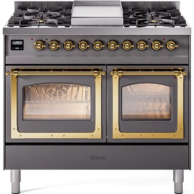 Ilve Und40Fnmpmgglp 40" Dual Fuel Range – Freestanding, 6-Burner Gas Cooktop + Electric Oven With Griddle (Matte Gunmetal) 1