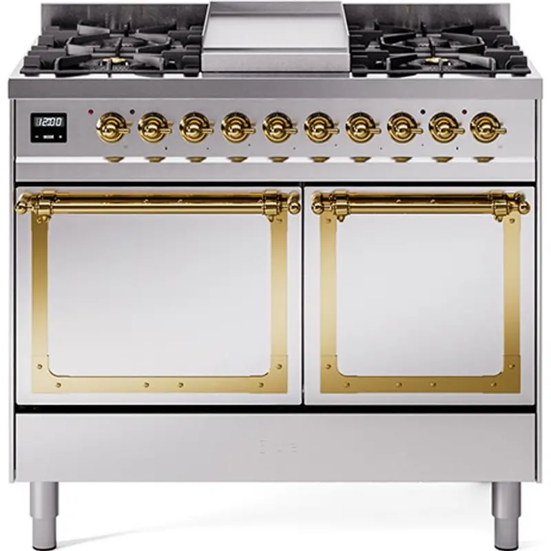 Ilve Und40Fqnmpssglp 40-Inch Freestanding Dual Fuel Range In Brushed Stainless With Griddle And Full-Width Oven Doors 1