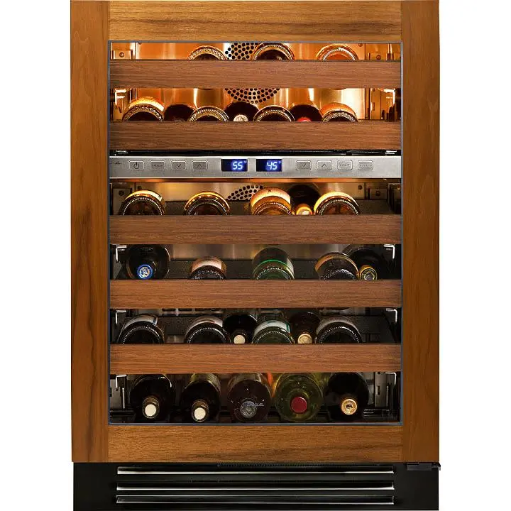 True Caliber 45-Bottle 300 Series Wine Cooler – True Precision Control, Dual-Zone, Left-Hand Door, Oak Grain Finish 1